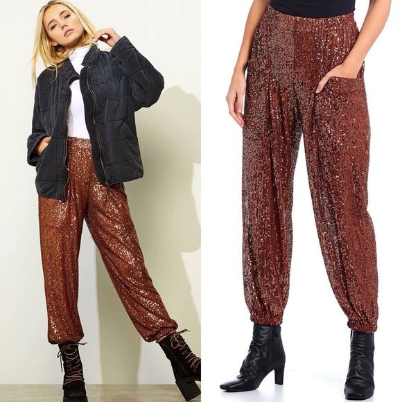 Free People Pants - Free People Morelia Sequin Joggers Sz L Boho Glam Whimsy Party Celebration